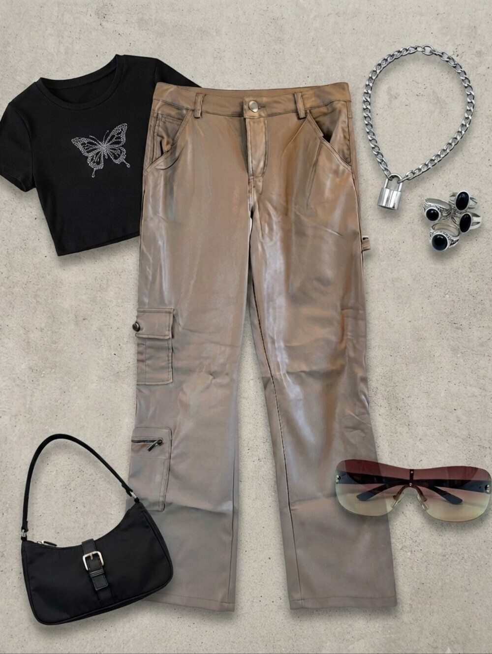 90s Y2K Ci Sono Beige Faux Leather Cargo Pants